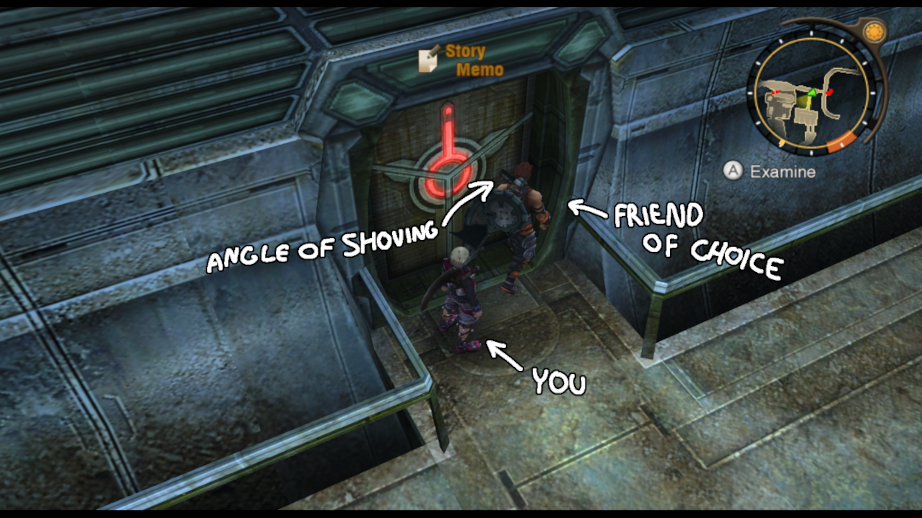 The locked door in Tephra Cave. Reyn is positioned in the right corner, and Shulk, controlled by the player, stands behind him. Arrows indicate the boys' roles and the ideal angle to squeeze yourself between Reyn and the door.