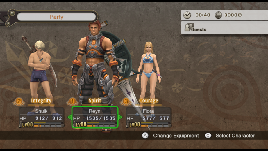 The party menu, showing the ideal setup. Reyn is in the lead with the Block Guarder equipped, and Shulk and Fiora are without armor and in their underwear.