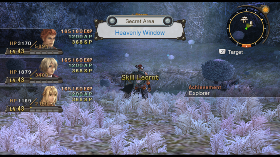 Reyn discovers the Heavenly Window, an empty endgame area. The party has recieved 165160 EXP each, bumping them from level 8 all the way up to level 43.